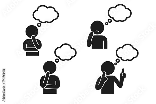 Set of stick figures thinking. Man with thought bubble icon collection. Concept of problem solving, brainstorming, doubt, confusion, and having a good idea. Pondering person vector.