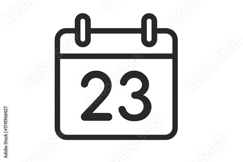 Calendar icon with number 23. Day twenty-three. Date symbol vector illustration. Minimalist line art for schedule, appointment, reminder, event, or deadline. Organizer.