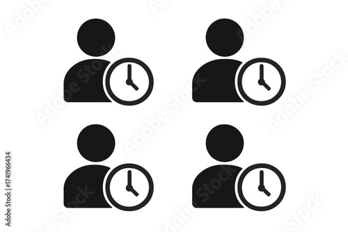 User time management icon. Person profile with clock symbol for schedule, history, or waiting. Temporary account, deadline, or recent activity vector sign. Simple flat pictogram.