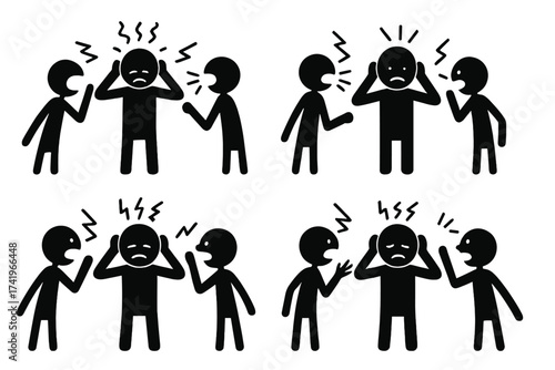 Stickman covering ears from noise. Stressed man with headache from noisy people yelling. Annoyed and disturbed symbol. Concept of conflict, argument, and sensory overload.