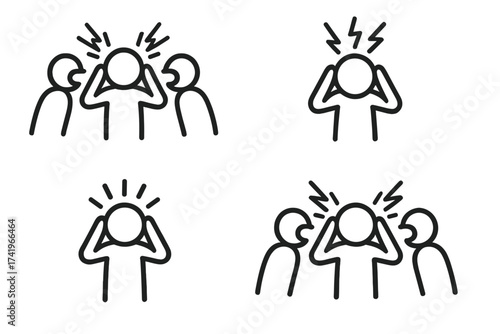 Stickman covering ears from noise. Concept of stress, headache, and sensory overload. Annoyed person ignoring loud shouting people. Disturbed, frustrated vector icon set.