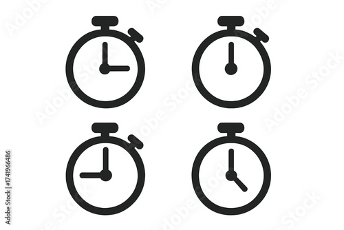 Stopwatch timer icon set. Vector clock face symbol collection. Simple chronometer illustration for concepts like speed, deadline, time, measurement, countdown, or watch.