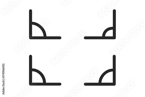 Set of right angle icons. 90 degree corner symbol collection for geometry and mathematics. Vector illustration of perpendicular lines and frame border elements. Simple pictogram.