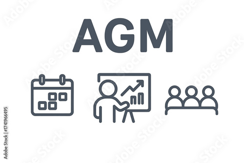 AGM Annual General Meeting vector icon set. Business conference, shareholder presentation, and financial report concept. Corporate event, growth chart, and audience icons.