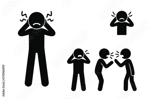 Set of stickman covering ears from noise. Stressed person with headache. Noisy people arguing, shouting. Annoyed, disturbed symbol. Sensory overload, conflict concept vector.
