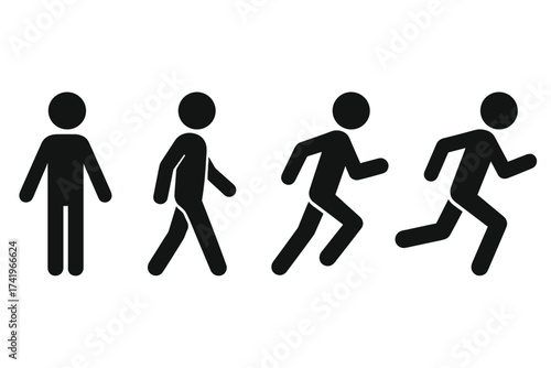 Stickman figure icon set showing movement progression from stand, walk, run to sprint. Vector illustration of a person in motion phases. Man silhouette pictogram for infographic.