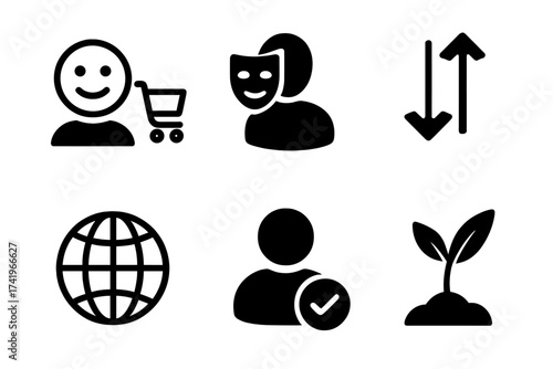 CATWOE analysis icon set. Business strategy symbols for Customer, Actor, Transformation, Worldview, Owner, Environment. Problem solving methodology and framework vector.
