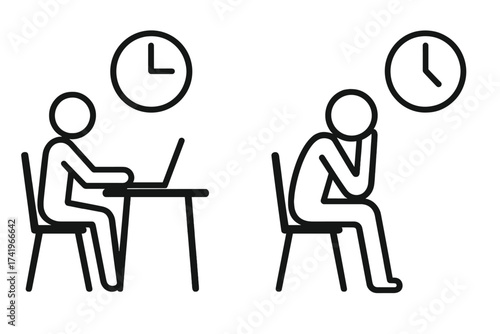Stick figure icon set showing work and waiting. Man at desk with laptop for working hours concept. Person sitting on a chair waiting for an appointment. Time management vector.