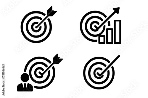 Business goal icon set. Target with arrow, dartboard, bullseye. Marketing strategy, sales growth chart, customer audience targeting. Success, mission complete, objective achievement vector.