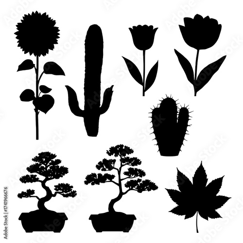 set of silhouettes of plants