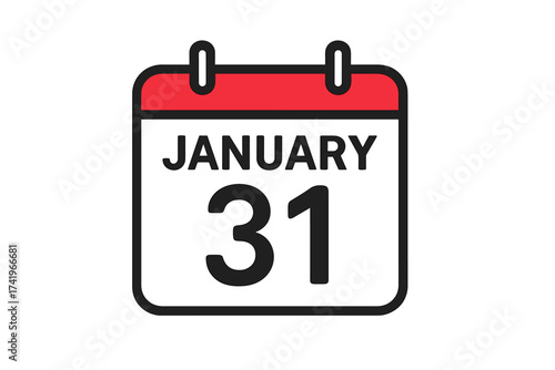 January 31 calendar page icon. Vector illustration of a specific date, the thirty-first of January. Symbol for agenda, schedule, appointment, deadline, event, or reminder.