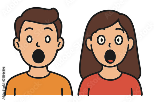Vector illustration of a shocked couple. Man and woman with surprised face expressions, open mouths, and wide eyes. Cartoon characters showing astonishment and disbelief. Wow OMG reaction.