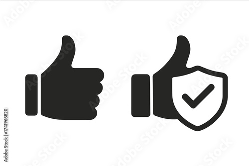 Thumb up with shield icon set. Symbol for protection, security, safety. Concept of guaranteed quality, approved choice, and trust. Verified and reliable sign. Like button.