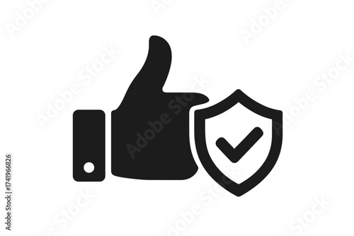 Thumb up and shield with checkmark icon. Concept of trusted protection, guaranteed security, and safety. Quality assurance and reliability symbol. Vector for web and UI design.