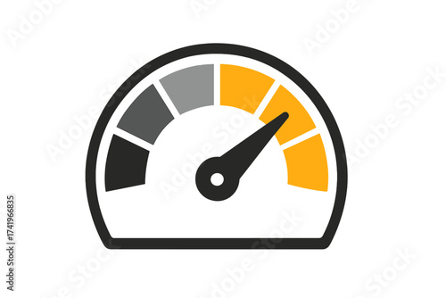 Performance measuring gauge icon. Meter for customer satisfaction, risk level, or credit score. Speedometer dashboard vector illustration. High expectation indicator.