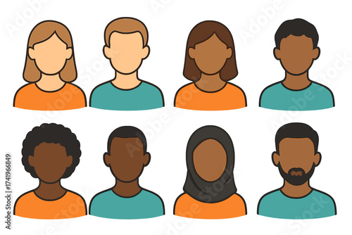Diverse faceless people avatar set. Multicultural society, men and women icons. Vector illustration of a multi-ethnic team. Anonymous user profile collection. Social diversity.