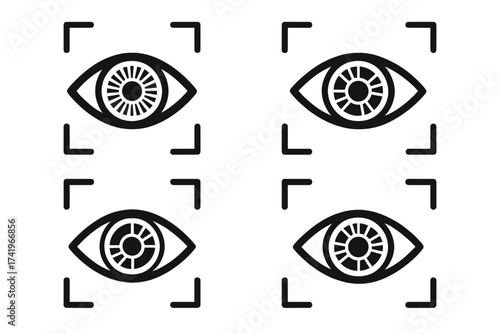 Eye identification icon set. Iris recognition vector graphic. Biometric security scan. Authentication and access control symbol. Retina scanner tech for verification. Vision concept.