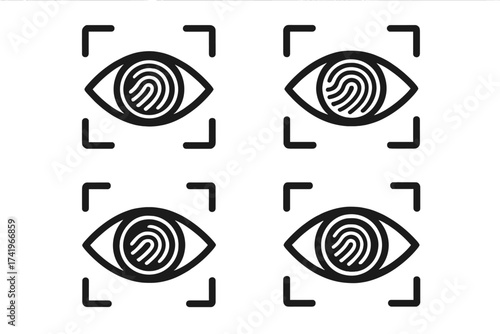 Biometric identification icon set. Eye scanner with fingerprint for iris recognition and user authentication. Digital security technology, personal data privacy vector concept symbol.
