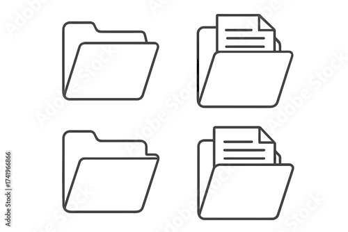 Folder icon set in a simple line art style. Vector collection of open folders with and without documents. Symbols for file, data, archive, and office organization. UI UX design element.