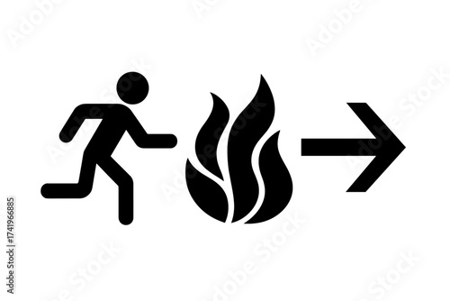 Fire exit emergency sign vector icon. Person running from flame symbol. Evacuation route and safety warning illustration. Man escaping danger with direction arrow pictogram.