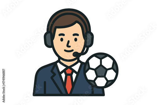 Football commentator character in flat design. Soccer announcer with headset and microphone. Sports broadcast journalism concept. Live game analysis. Man in suit vector icon symbol.