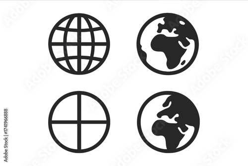 Globe icon set. World symbol collection. Simple global sphere and earth planet map vector illustration. Web, internet, travel, and international business concept icons.