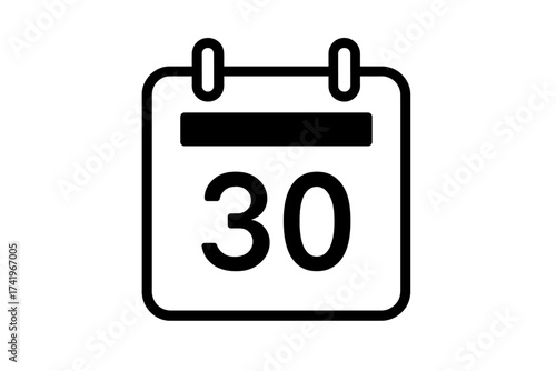 Calendar icon with the number 30. Thirtieth day of the month. Date and time symbol for schedule, agenda, appointment, event, and deadline. Vector for web and app ui.
