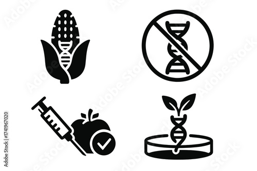 GMO vector icon set. Genetically modified food concepts. Non-GMO symbol, DNA in corn, apple injection, lab plant. Biotechnology and agriculture graphic design elements.