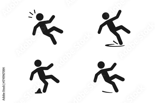 Stick figure falling and slipping vector icon set. Man falls down pictogram. Slippery floor, trip hazard, accident, caution, danger, and safety warning symbols. Wet floor.