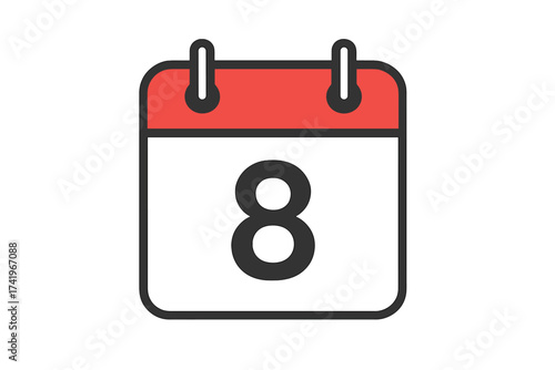 Eighth day of the month. Calendar icon with number 8. Date symbol for schedule, agenda, appointment, reminder, or event planning. Flat design vector illustration isolated.