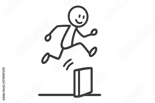 Stickman jumping over a hurdle. Metaphor for overcoming challenges and obstacles. Concept for success, ambition, achievement, and motivation. Business solution and goal reaching.