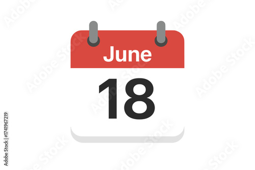 June 18 calendar page icon. Eighteenth day of the month. Daily date symbol. Schedule, appointment, reminder, deadline concept. Time management. Planning an event. Flat vector.