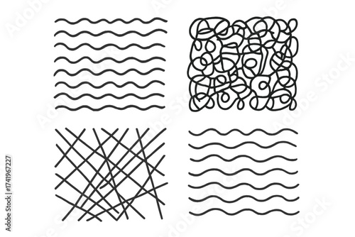 Chaos and order concept. Metaphor for problem solving, confusion and streamline process. Hand drawn abstract scribble, tangled, untangled and wavy lines vector illustration set.