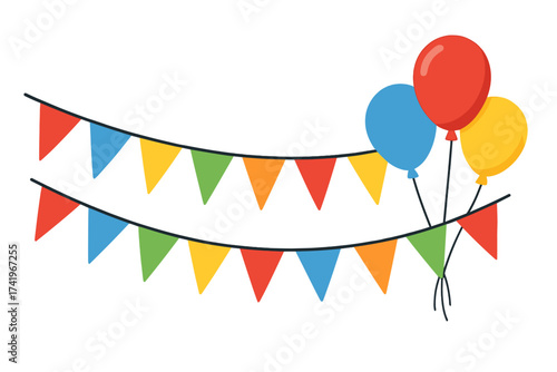Birthday party bunting banner with colorful flags and balloons. Festive celebration garland decoration vector. Holiday event design element isolated for carnival or anniversary.