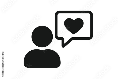 User with heart in speech bubble. Love message, like icon, customer satisfaction, or positive feedback concept. Vector for social media, dating app, or review symbol.