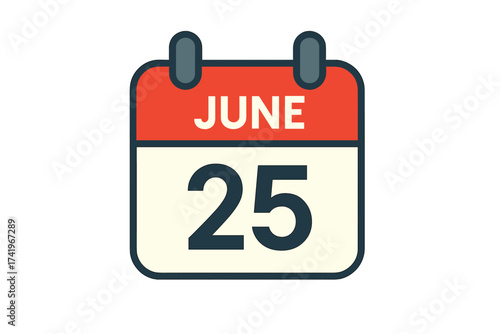 June 25 calendar icon. Daily date page symbol. Event reminder schedule appointment. Flat vector design for web and app. Day of the year planner organizer sign. Deadline concept.