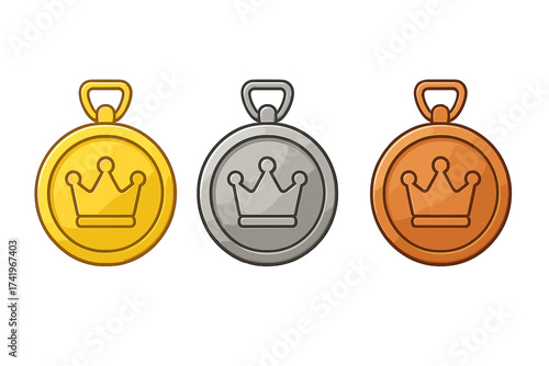 Gold, silver, bronze medal set with crown icon. First, second, third place award. Winner prize for champion. Achievement victory symbol. Competition trophy vector illustration.