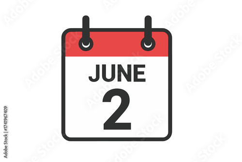 June 2 calendar icon. Second of June. Daily calendar page. Date and time symbol for appointment, schedule, reminder. Vector illustration flat design isolated background.