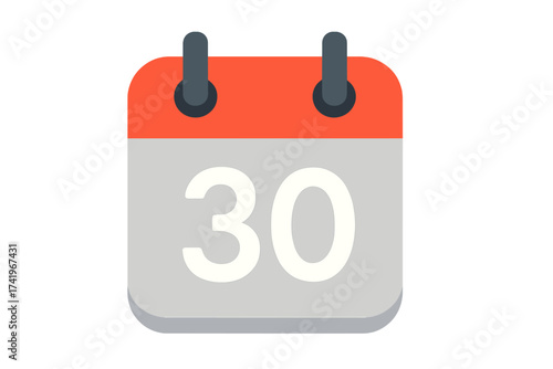 Calendar icon with number 30. Date 30th day of the month. Schedule, appointment, deadline reminder concept. Vector illustration in flat design, isolated graphic element.
