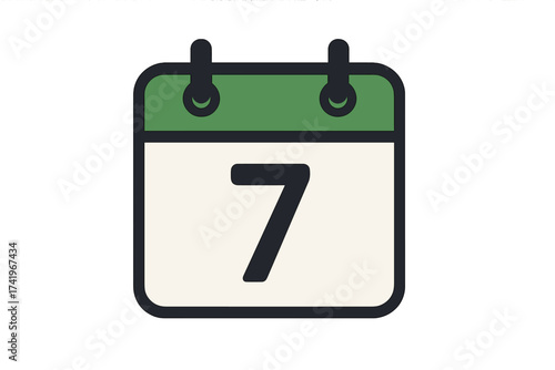 Calendar icon with number 7. Seventh day of the month. Date symbol for schedule, appointment, or event reminder. Flat vector illustration isolated on transparent background.