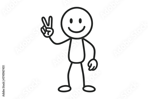 Stickman showing number two or a peace and victory V-sign hand gesture. Happy smiling cute simple character. Vector illustration doodle drawing isolated on white background.