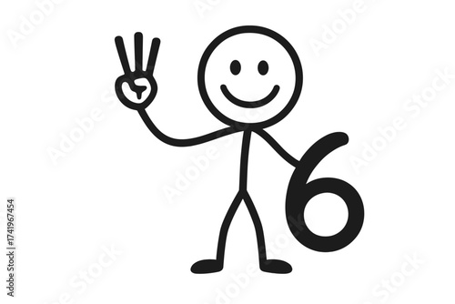 Stickman with number six. Vector illustration of a happy smiling figure showing digit 6. Concept for counting, math education for kids. Simple doodle character. Isolated icon.