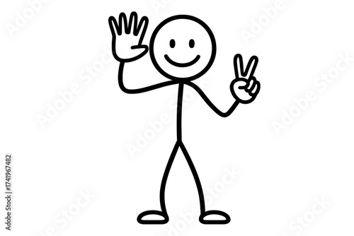 Happy smiling stickman showing the number seven with fingers. Simple stick figure counting to 7. Isolated vector character illustration for educational or design purposes.