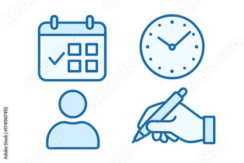 Appointment booking and schedule vector icon set. Calendar date, time clock, user and writing hand symbols. Concept of business planning, management, reminder, and organization.
