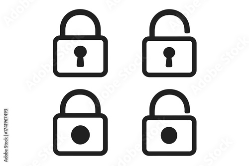 Lock icon set. Padlock symbol for security. Open and closed, locked and unlocked state. Safety, privacy, protection concept. Simple keyhole vector pictogram collection.