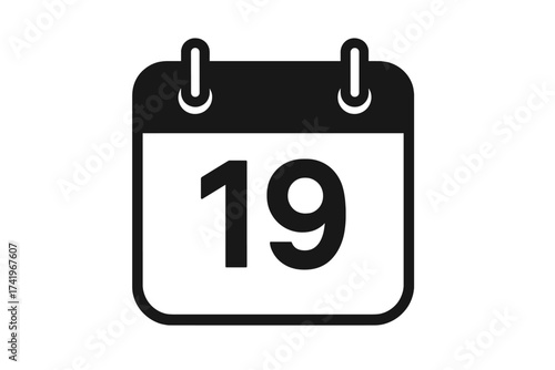 Calendar icon with the number 19. Nineteenth day of the month. Date, schedule, appointment, deadline, and event reminder symbol. Simple flat vector pictogram for web and app.