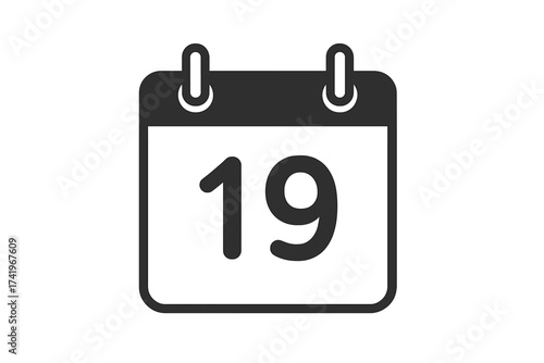 Calendar icon, day 19. Date symbol for schedule, appointment, reminder. Nineteenth day of the month. Vector illustration for web, app design. Minimal flat glyph pictogram.