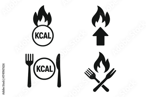 Kcal icon vector set. Burn kilocalorie symbol for food and nutrition. Diet and energy consumption concept. Metabolism booster. Fork and knife plate sign. Calorie control.