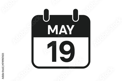 May 19 calendar icon vector graphic. Day nineteen of May date symbol. Reminder, schedule, agenda, meeting, planner, event, deadline concept. Time management pictogram element.