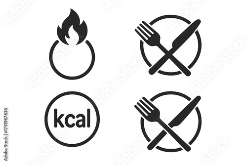 Kcal icon sign vector set. Burn kilocalorie symbol, food nutrition sign with fork and knife. Dieting, weight loss, and fitness concept for healthy meal label illustration.